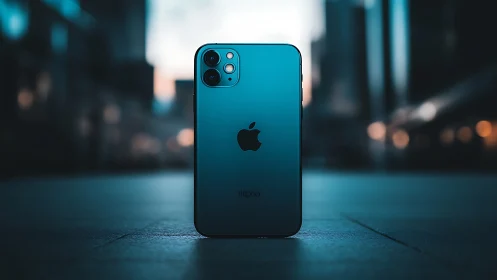 iPhone 12 Pro in Pacific Blue with urban background.