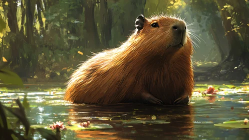 Capybara resting calmly in a sunlit forest pond scene.