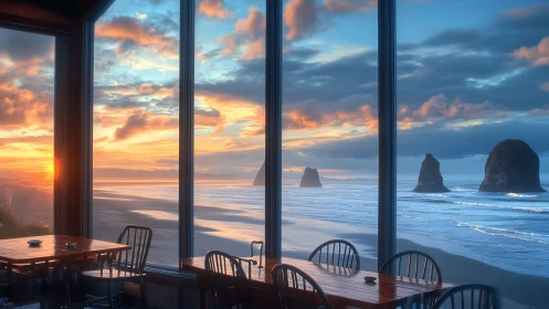 Photorealistic coastal restaurant interior with panoramic glazing.
