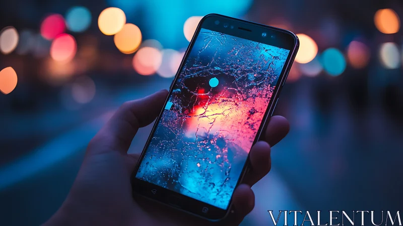 Cracked smartphone screen glowing over neon city bokeh.