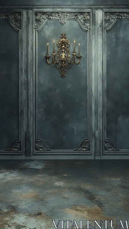 Ornate brass wall sconce glows in distressed grey salon.