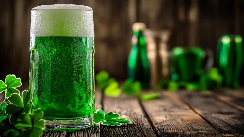 Emerald beer glow crowned with foam on rustic tavern wood.