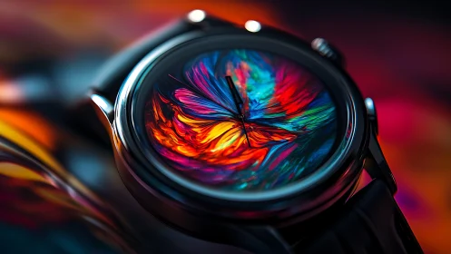 High-gloss wristwatch dial with iridescent abstract radial spectrum
