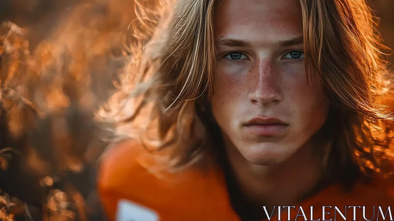 Intense close-up portrait of long-haired young man outdoors.