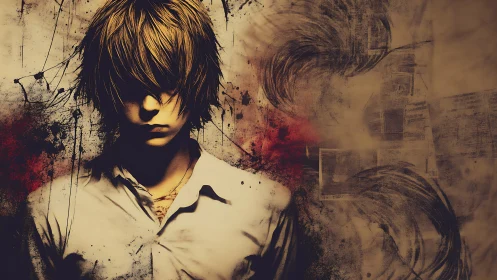 Male figure in stylized portrait with abstract dark background.