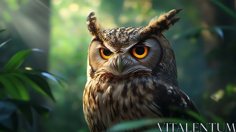 Majestic owl with piercing eyes in lush forest, photorealistic style.