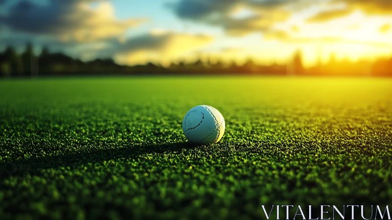 Cricket practice ball on synthetic turf under low sun glow.