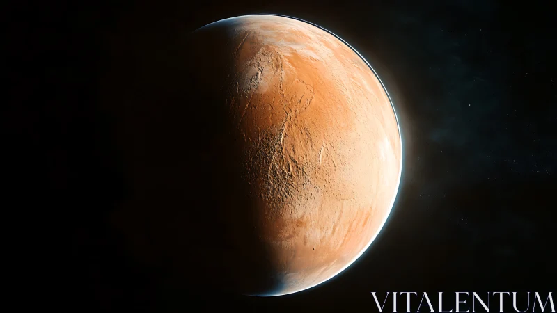 Rendered view of a sunlit orange planet in deep space.