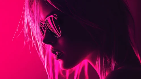 Side profile with sunglasses in pink neon lighting.