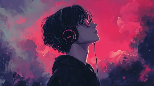 Neon pink audio portrait of headphone user in clouded dusk