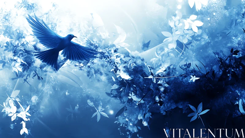 Blue songbird ascends through abstract luminous foliage field