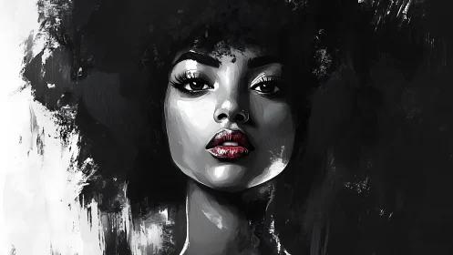 Monochrome portrait of woman with bold red lips and afro