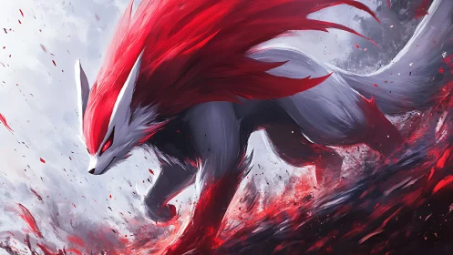Ferocious red-maned wolf lunges through swirling crimson storm