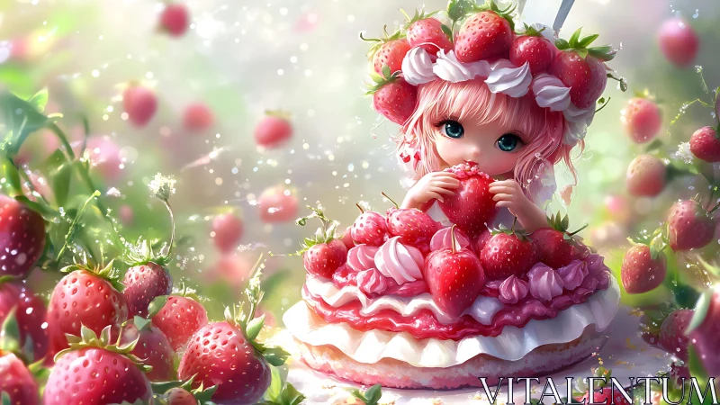 Strawberry fairy girl nested in whipped cream cake fantasy