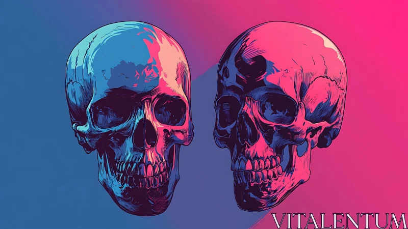 Neon skull duo under split cyan magenta lighting.