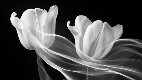 Black and White Floral Composition with Flowing Petals.