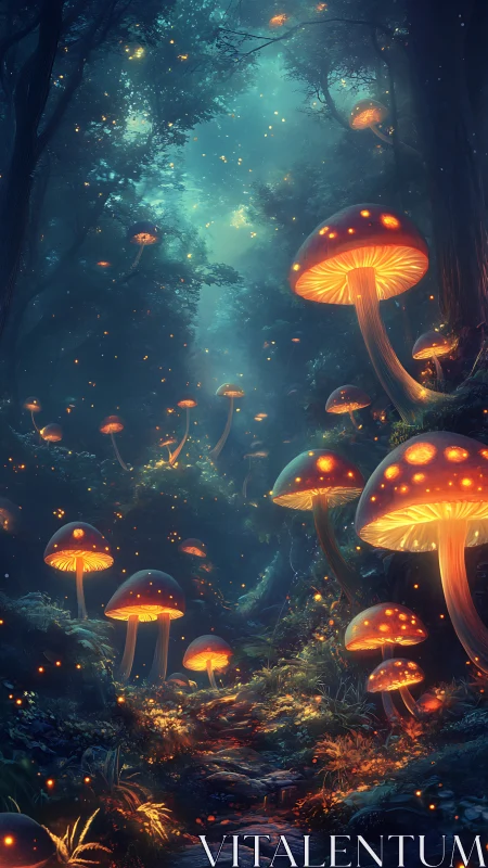 Glowing forest mushrooms lighting a dreamy twilight path.