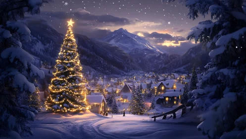 Snow-covered alpine village framed by illuminated Christmas tree