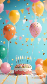 Birthday Cake Composition With Balloons and Confetti.