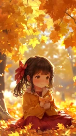 Child seated under autumn foliage holding leaf figure.