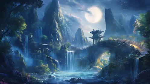 Moonlit pagoda bridge amid cascading misty waterfalls.