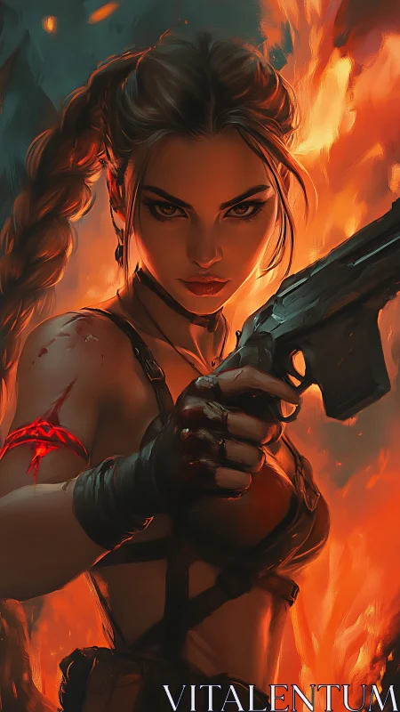 Armed female action hero against dynamic inferno backdrop