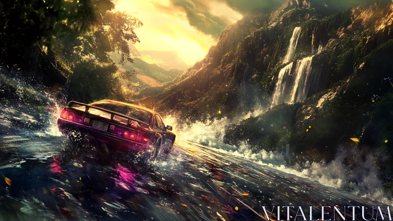 Sports car powers through neon river beneath sunset falls.