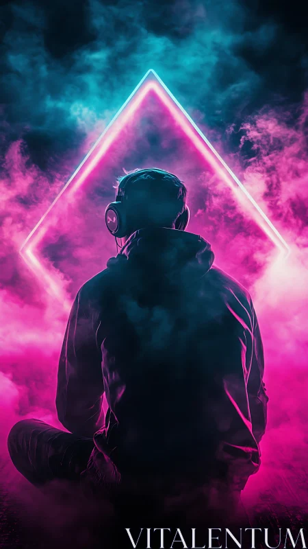 Neon-triangle gamer silhouette in volumetric magenta cyan haze.