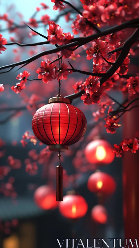 Red paper lantern among cherry blossoms at night.