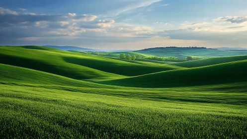 Emerald waves of farmland rolling under a soft singing sky.