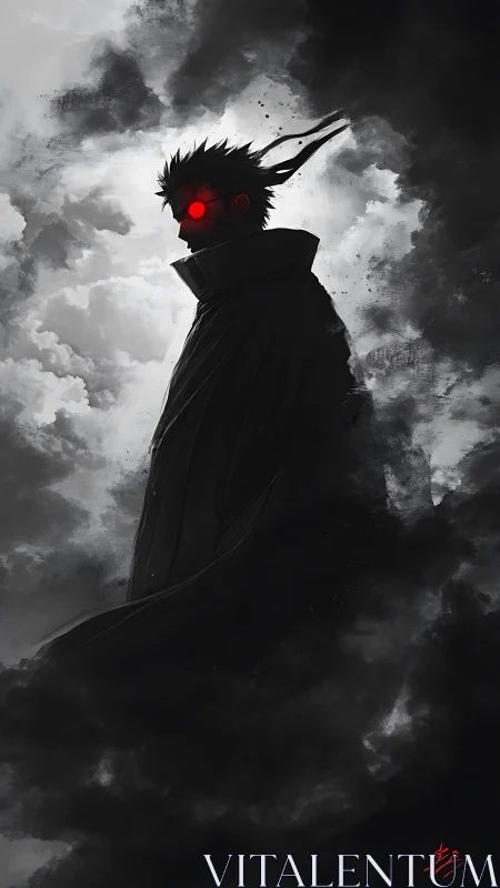 Silhouetted figure with red eyes in monochrome storm clouds.