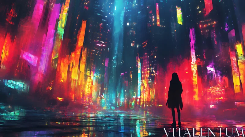 Silhouette in neon urban canyon within abstract cityscape.