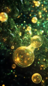 Starborn golden bubbles drift through emerald cosmic foam.