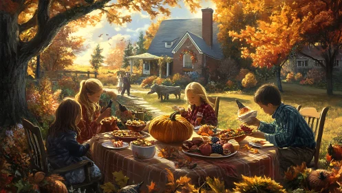 Autumn farmhouse yard feast with children at outdoor harvest table.