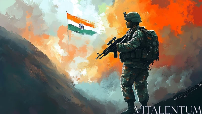 Indian soldier stands guard beneath a blazing patriotic sky