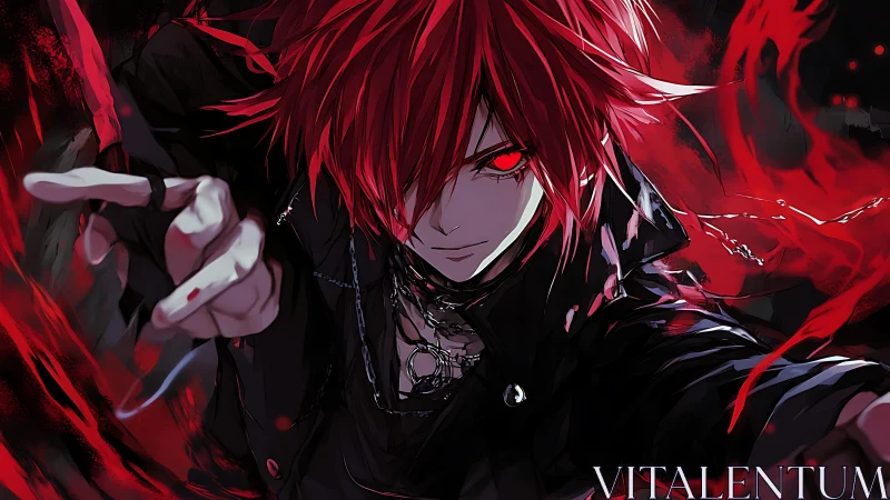 Crimson-eyed anime caster channeling volatile red energy.