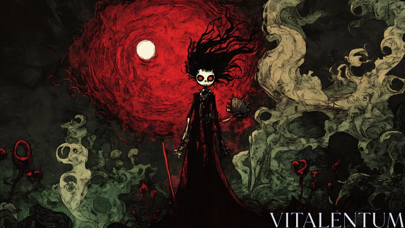 Gothic skeletal girl under blood-red moon with spectral smoke