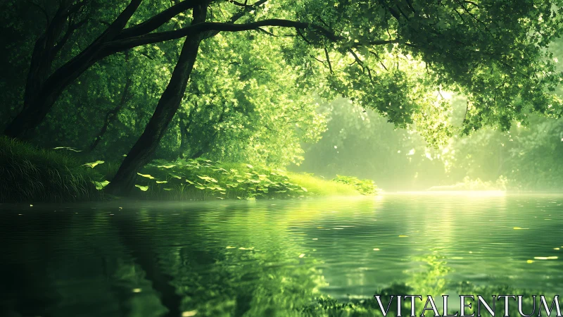 Sunlit forest river bends under overhanging leafy trees