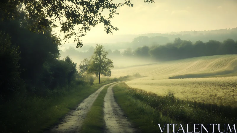 Rural dirt road passes fields and trees in soft morning fog