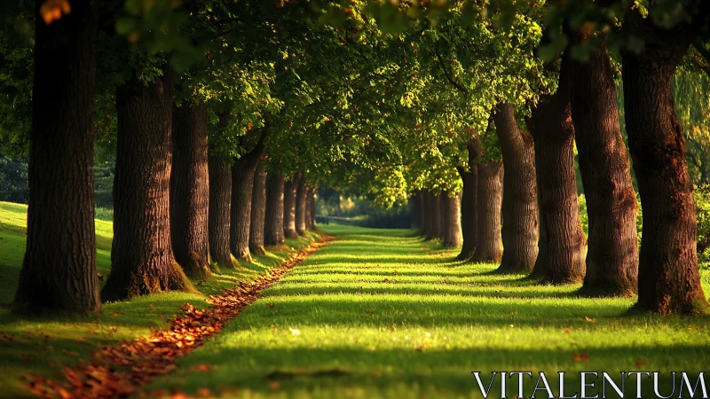 Sunlit tree avenue with symmetric trunks and lush canopy.
