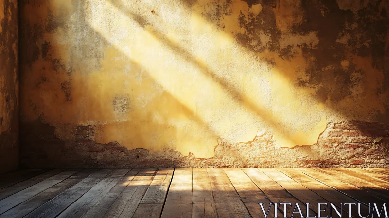 Sunlit textured wall with worn plaster and wood floor.