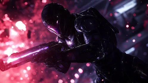 Starlit space ranger readying a glowing cosmic blaster.