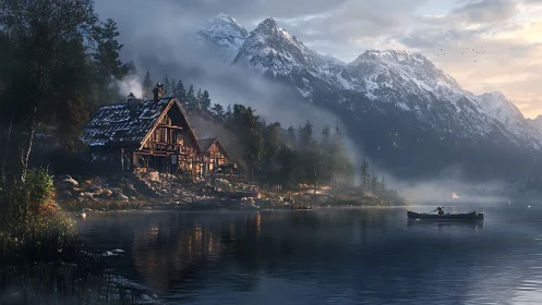 Mountain lake cabin under misty dawn light. Period.