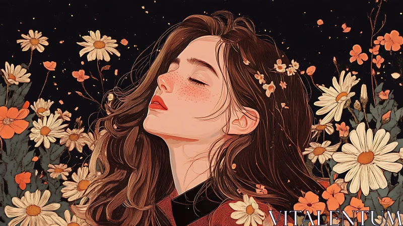 Dreamy girl resting softly among gentle wildflowers.