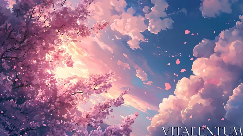 Cherry blossoms drift across luminous sunset sky.