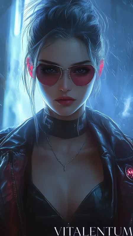 Cyberpunk rebel woman in red glasses and leather jacket.