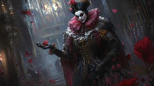Masquerade jester of roses haunting a baroque twilight hall.