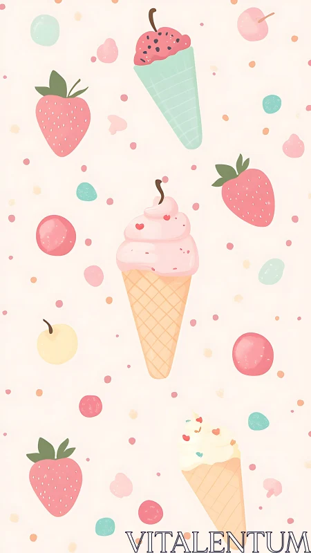 Pastel ice cream cones with scattered berries pattern design.