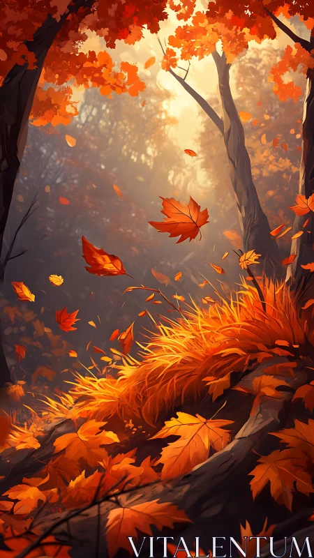 Golden autumn leaves dancing through a glowing forest path.