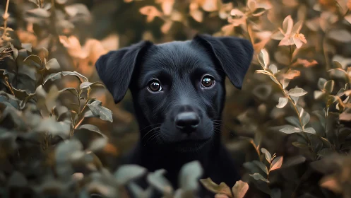 Low key portrait of black puppy framed by shallow depth foliage